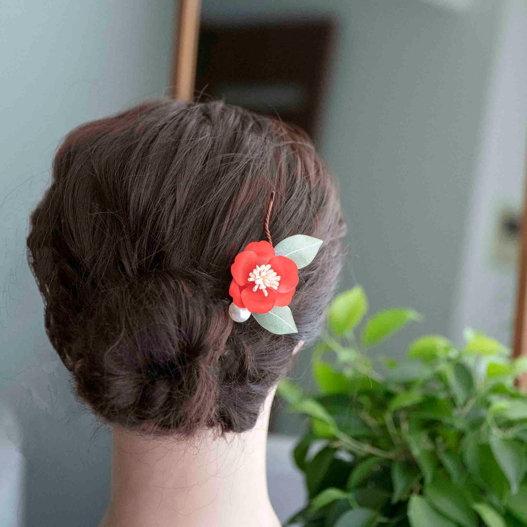 赤い椿のuピン かんざし プラ板 髪飾り ヘアアクセサリー 紅椿 椿 パール | 11枚目