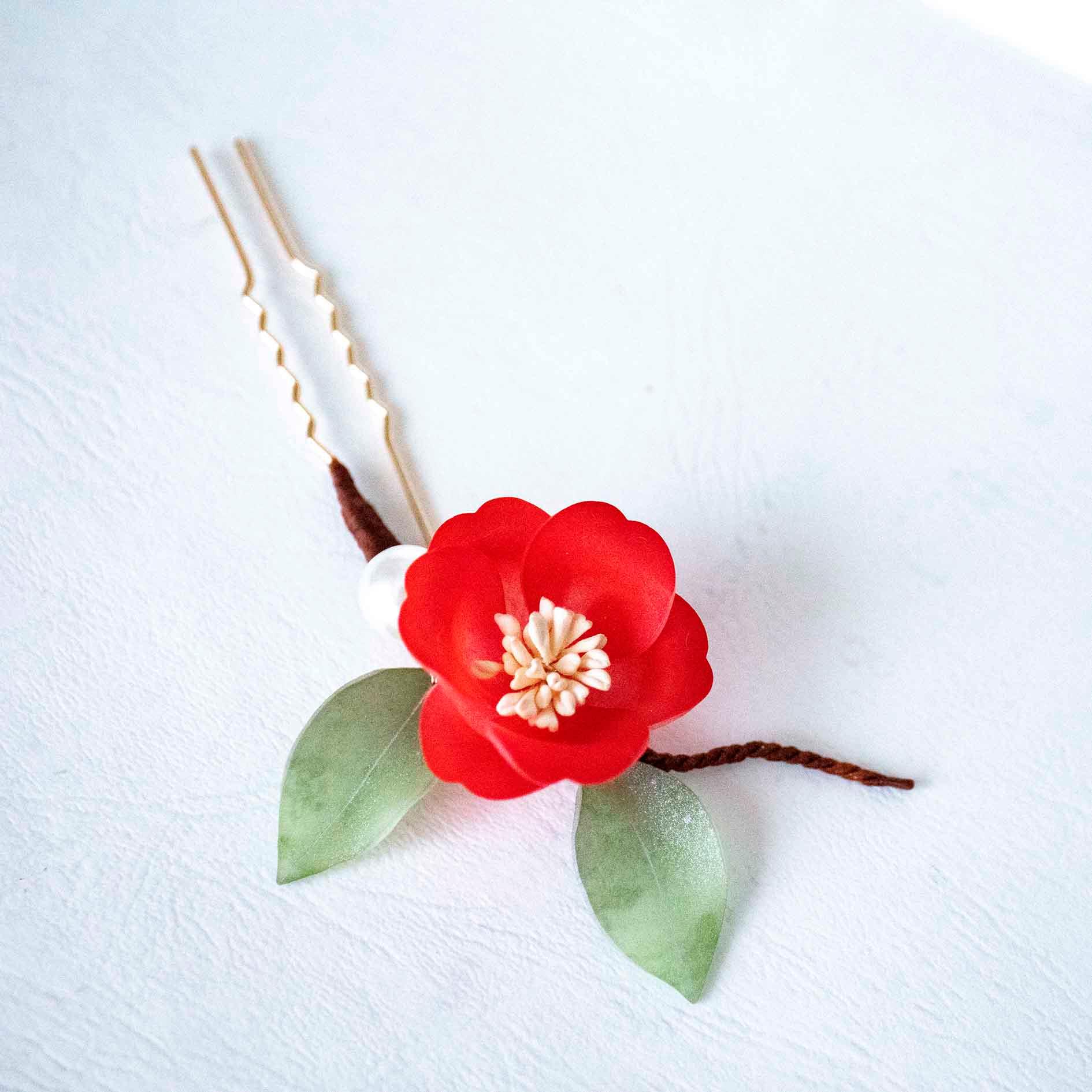 赤い椿のuピン かんざし プラ板 髪飾り ヘアアクセサリー 紅椿 椿 パール | 8枚目