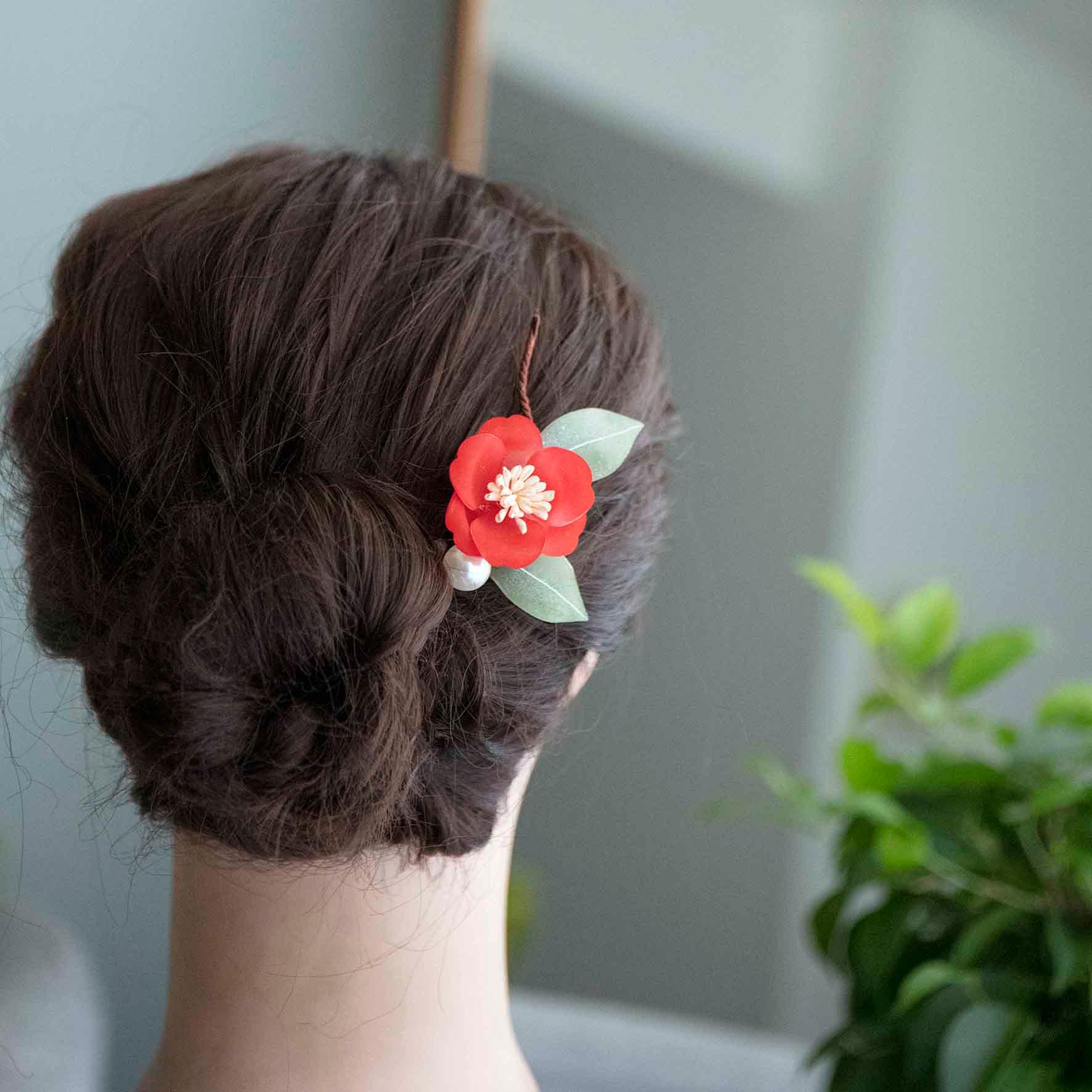 赤い椿のuピン かんざし プラ板 髪飾り ヘアアクセサリー 紅椿 椿 パール | 10枚目